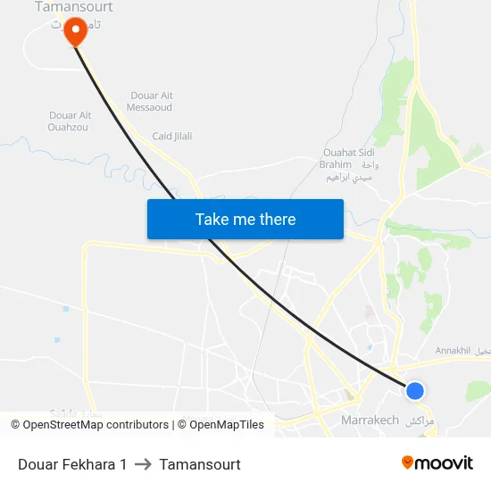Douar Fekhara 1 to Tamansourt map