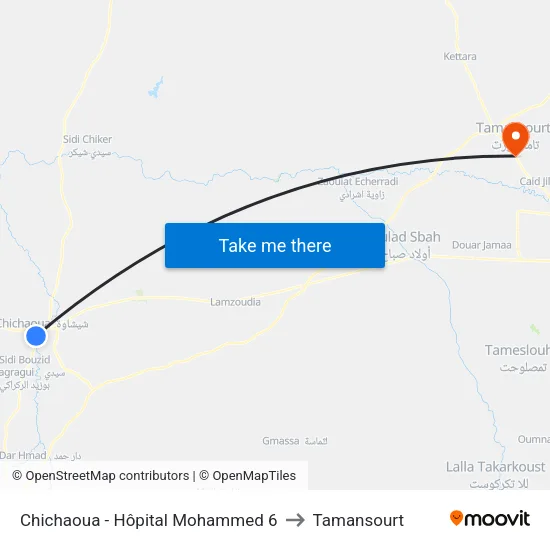 Chichaoua - Hôpital Mohammed 6 to Tamansourt map