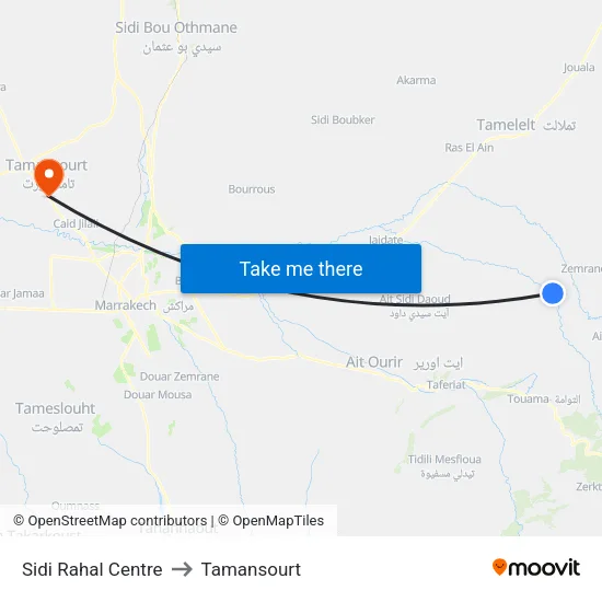 Sidi Rahal Centre to Tamansourt map