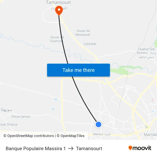Banque Populaire Massira 1 to Tamansourt map