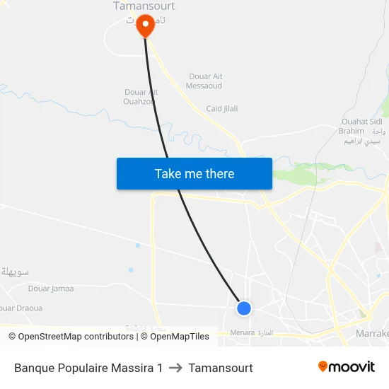 Banque Populaire Massira 1 to Tamansourt map