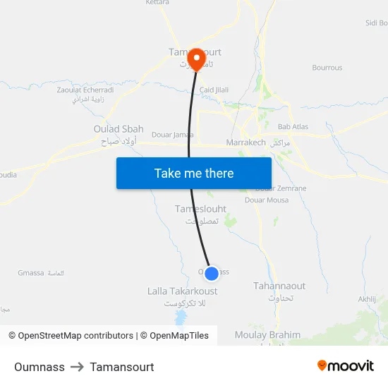 Oumnass to Tamansourt map