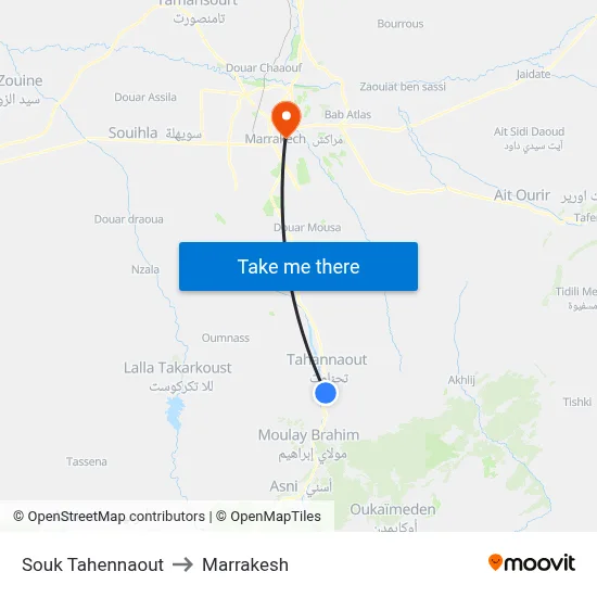Souk Tahennaout to Marrakesh map