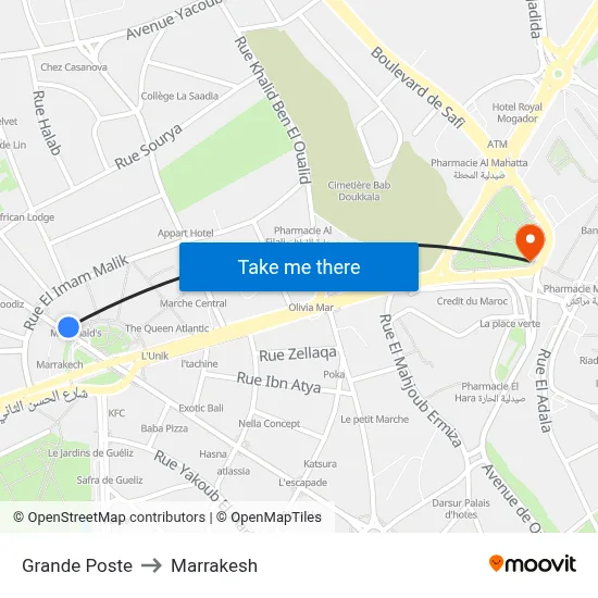 Grande Poste to Marrakesh map