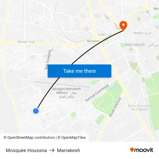 Houssna Mosque to Marrakesh map