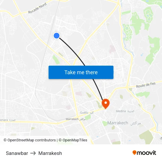 Sanawbar to Marrakesh map