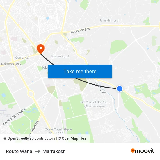 Route Waha to Marrakesh map
