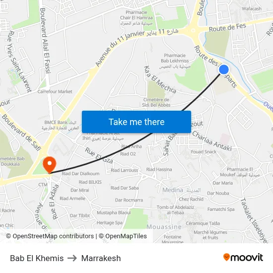 Bab El Khemis to Marrakesh map