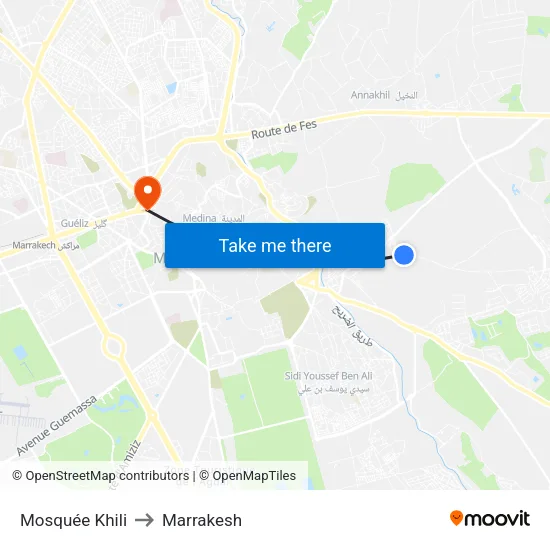 Mosquée Khili to Marrakesh map