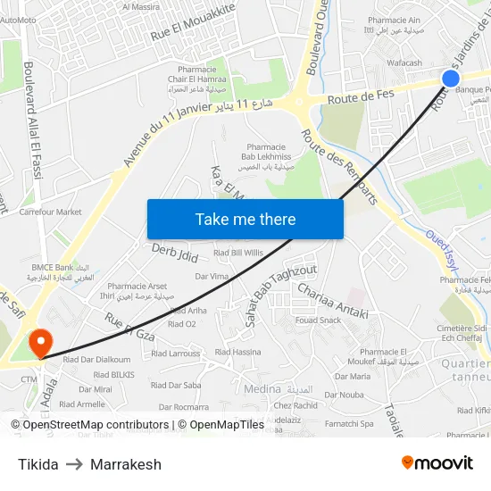 Tikida to Marrakesh map