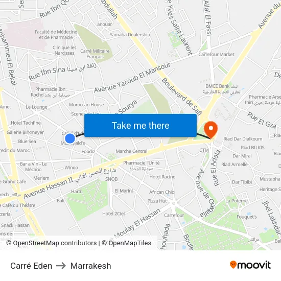 Carré Eden to Marrakesh map