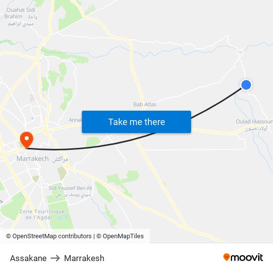 Assakane to Marrakesh map