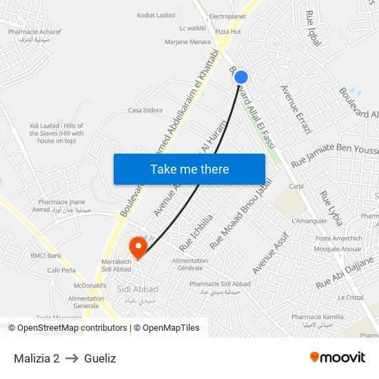 Malizia 2 to Gueliz map
