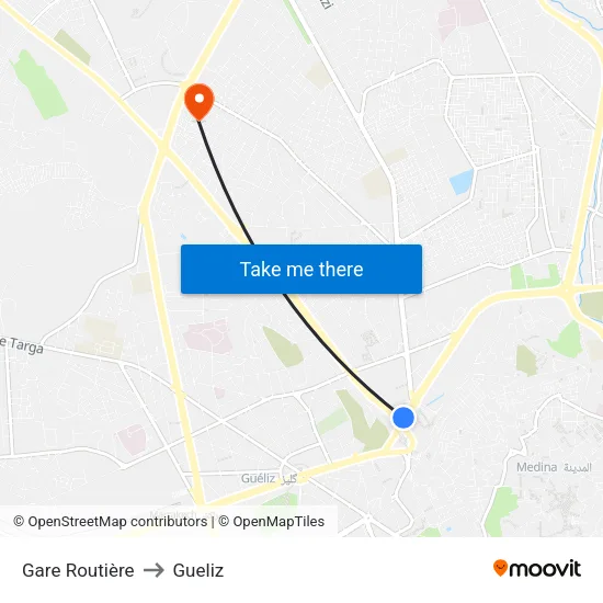 Gare Routière to Gueliz map