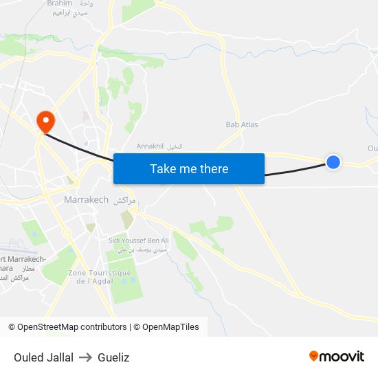 Ouled Jallal to Gueliz map