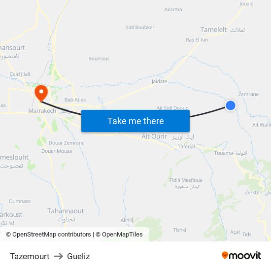 Tazemourt to Gueliz map
