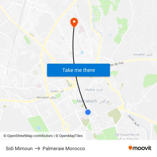 Sidi Mimoun to Palmeraie Morocco map
