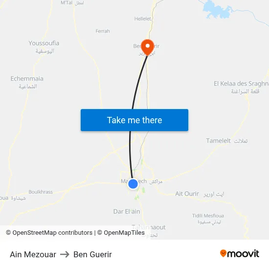 Ain Mezouar to Ben Guerir map