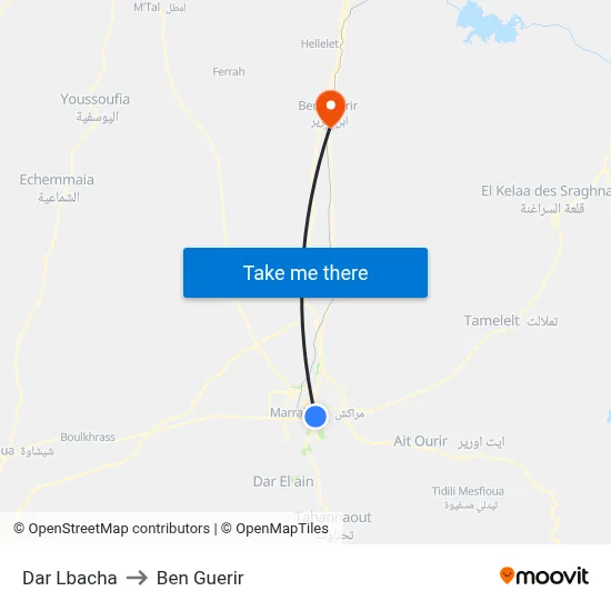 Dar Lbacha to Ben Guerir map
