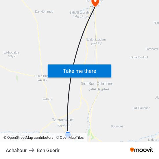 Achahour to Ben Guerir map