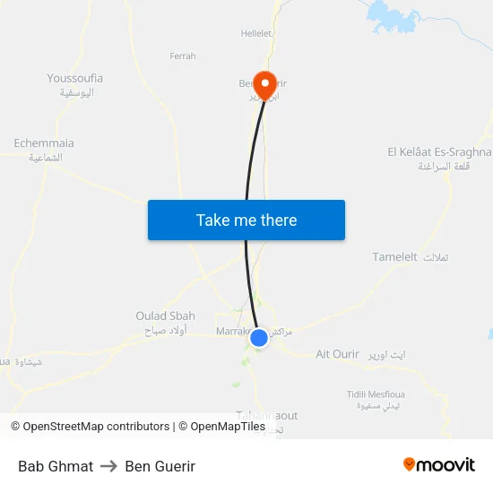 Bab Ghmat to Ben Guerir map
