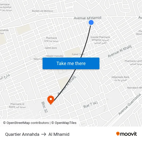 Quartier Annahda to Al Mhamid map
