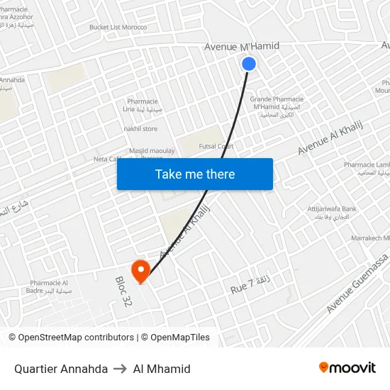 Quartier Annahda to Al Mhamid map