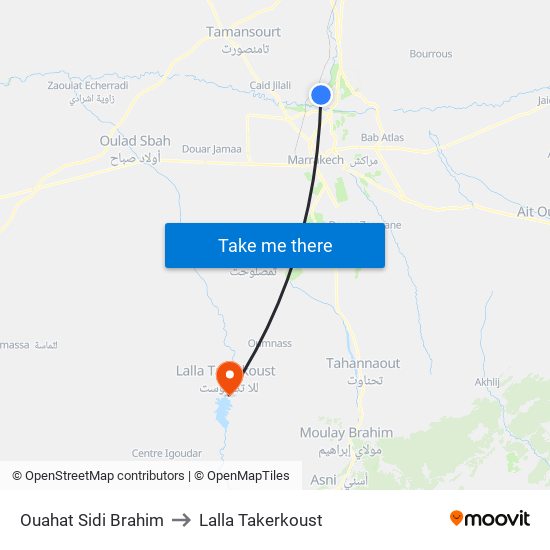 Ouahat Sidi Brahim to Lalla Takerkoust map