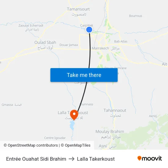 Entrée Ouahat Sidi Brahim to Lalla Takerkoust map