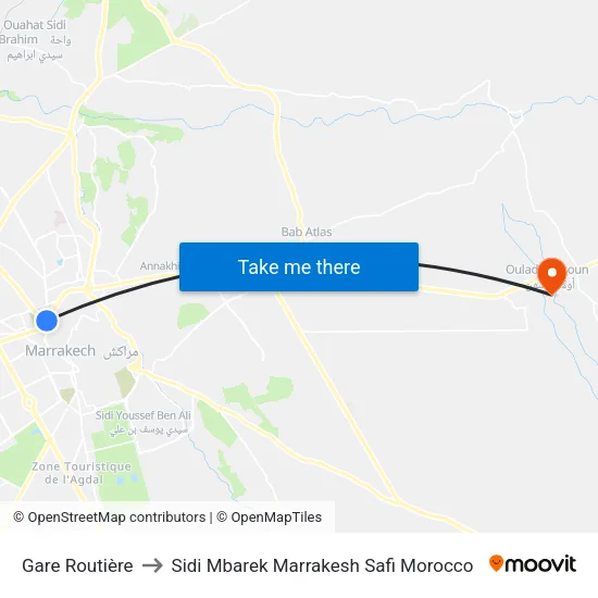 Gare Routière to Sidi Mbarek Marrakesh Safi Morocco map