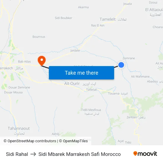 Sidi Rahal to Sidi Mbarek Marrakesh Safi Morocco map