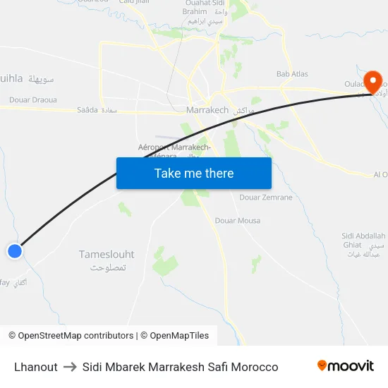 Lhanout to Sidi Mbarek Marrakesh Safi Morocco map