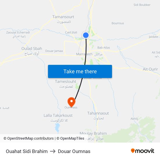 Ouahat Sidi Brahim to Douar Oumnas map