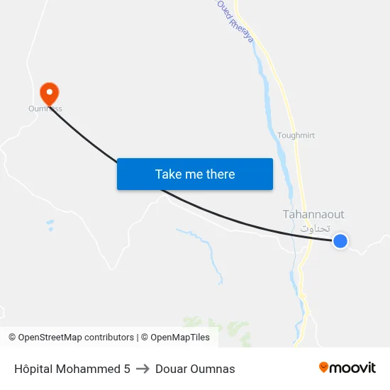 Hôpital Mohammed 5 to Douar Oumnas map