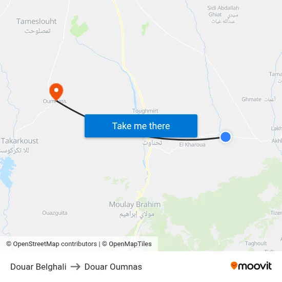 Douar Belghali to Douar Oumnas map