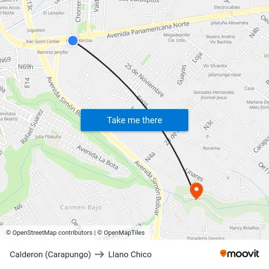 Calderon (Carapungo) to Llano Chico map