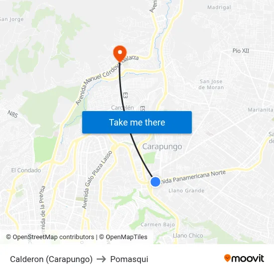 Calderon (Carapungo) to Pomasqui map