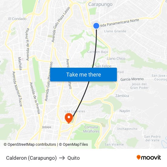 Calderon (Carapungo) to Quito map