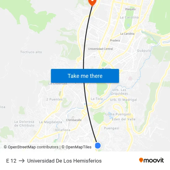 E 12 to Universidad De Los Hemisferios map