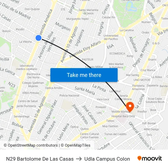 N29 Bartolome De Las Casas to Udla Campus Colon map
