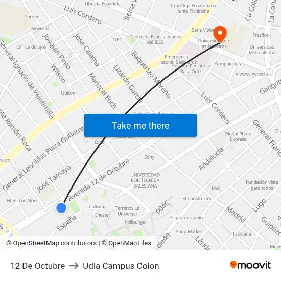12 De Octubre to Udla Campus Colon map