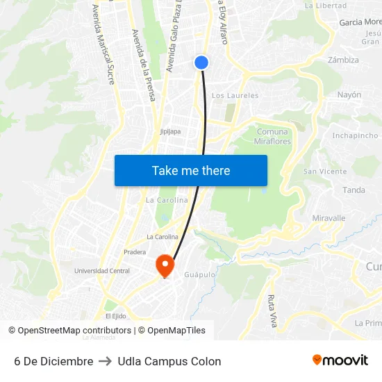 6 De Diciembre to Udla Campus Colon map