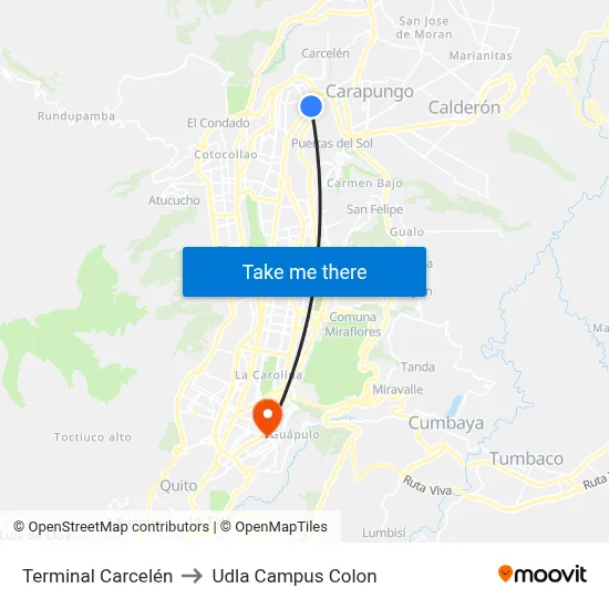 Terminal Carcelén to Udla Campus Colon map