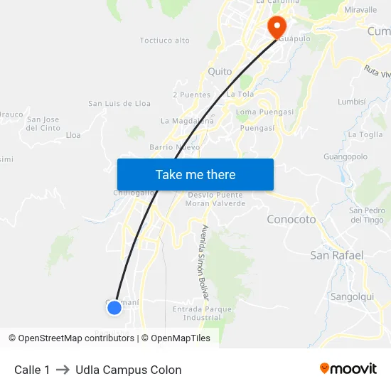 Calle 1 to Udla Campus Colon map