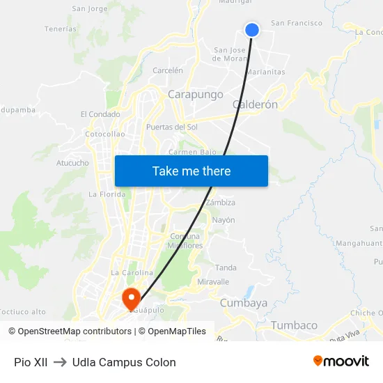 Pio XII to Udla Campus Colon map