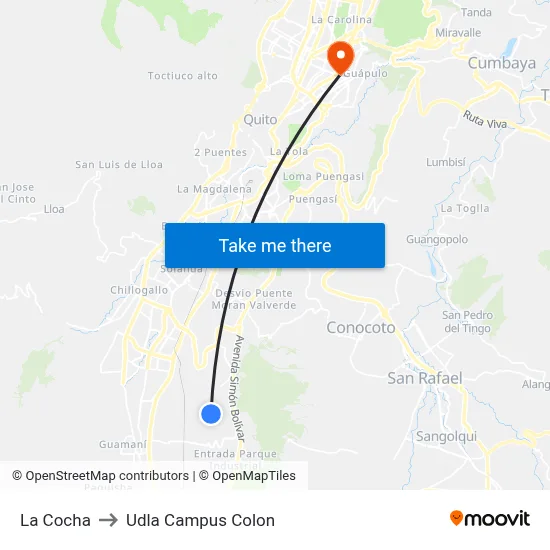 La Cocha to Udla Campus Colon map