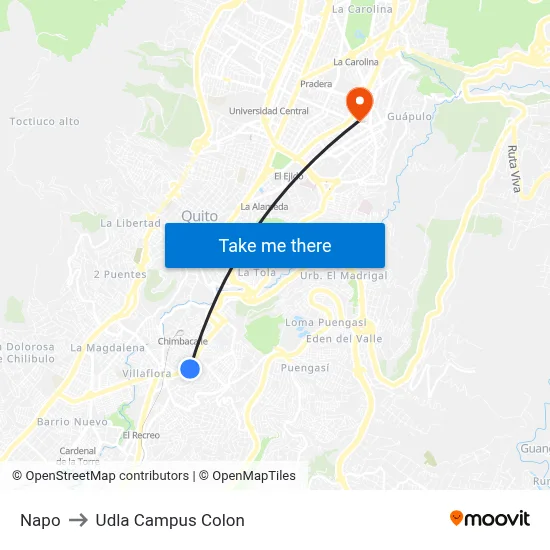 Napo to Udla Campus Colon map