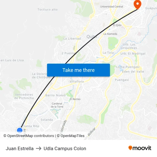 Juan Estrella to Udla Campus Colon map