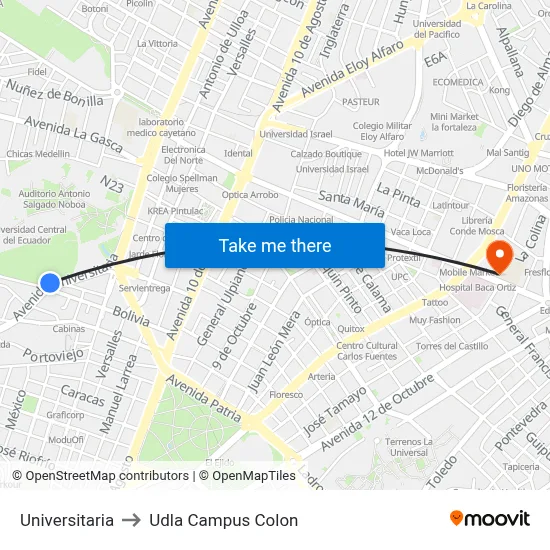Universitaria to Udla Campus Colon map
