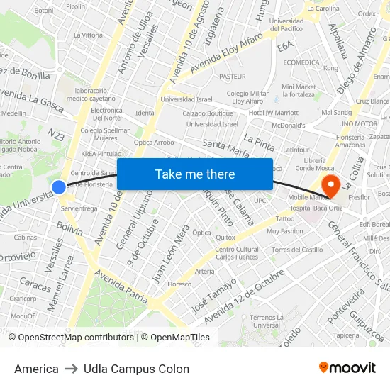 America to Udla Campus Colon map